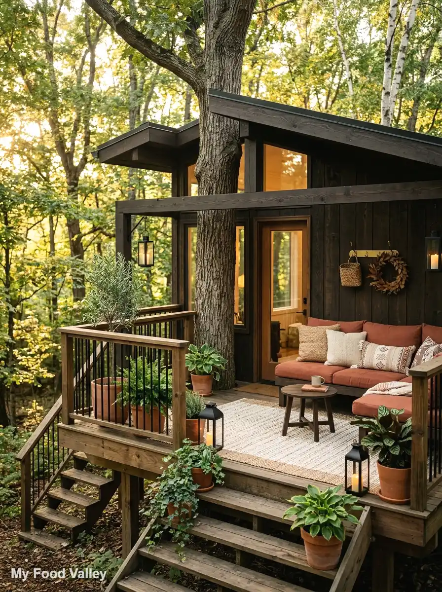 dark wood treehouse with terracotta accents