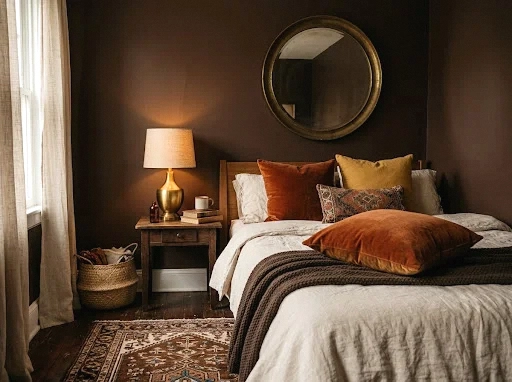 deep chocolate brown and cream moody bedroom