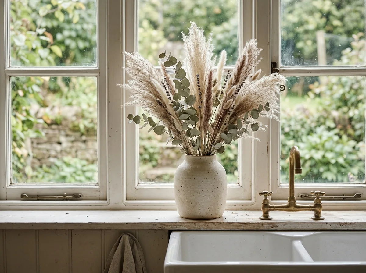 dried botanical arrangement on the windowsill