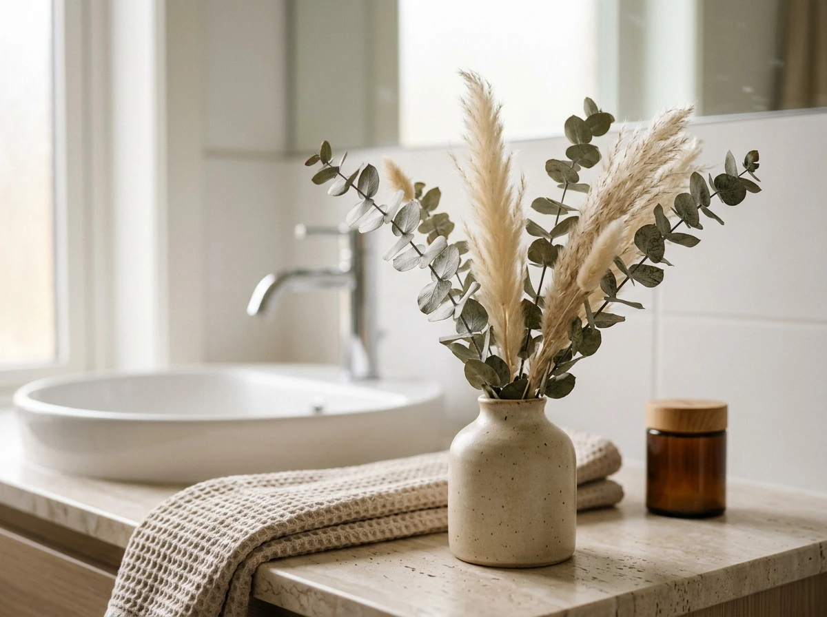 dried botanicals in a small vase on the counter