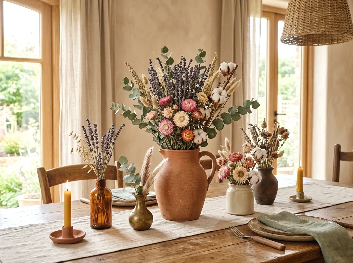 dried flower arrangements in earthy vases