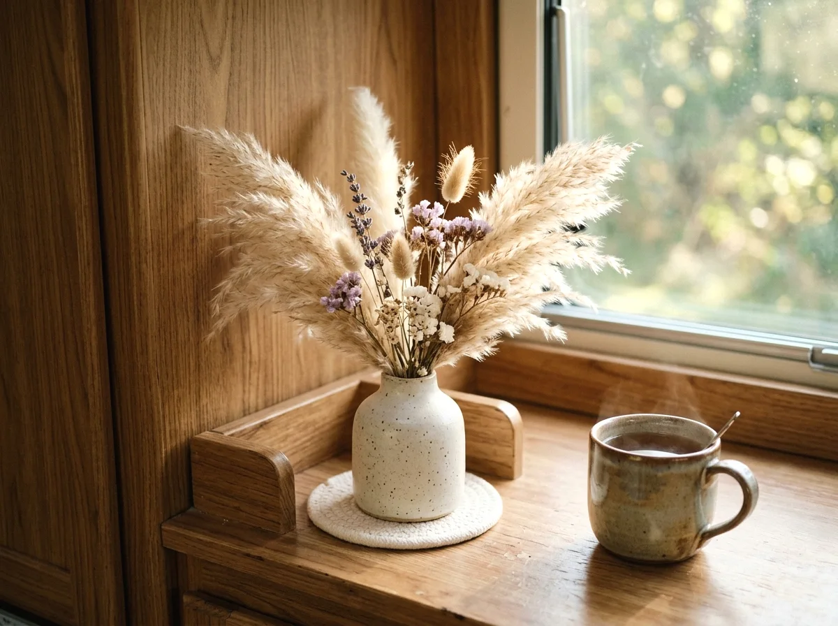 dried flowers and pampas grass in a small vase