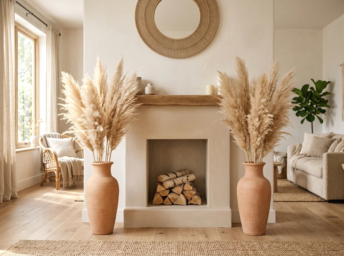 dried pampas grass flanking the fireplace