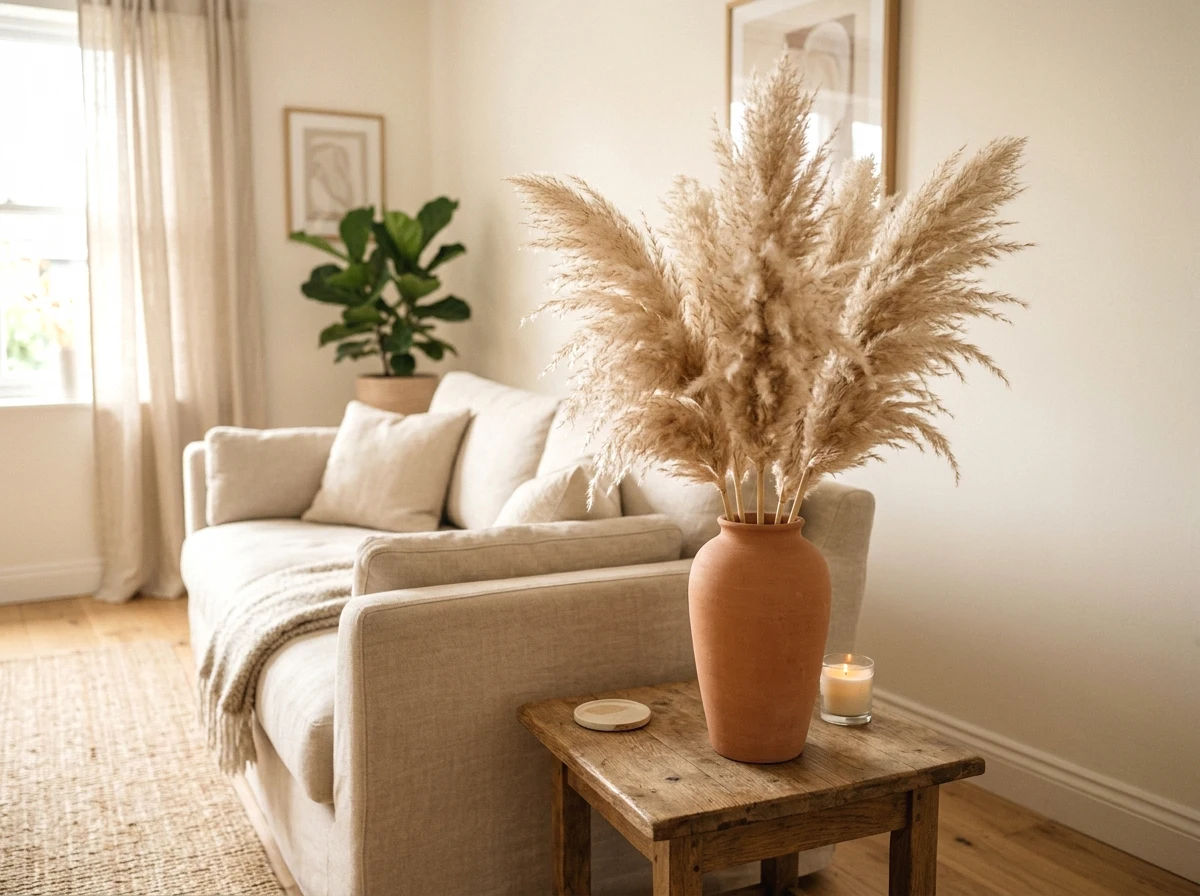 dried pampas grass in a ceramic vase
