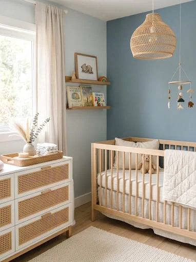 dusty blue and rattan accents