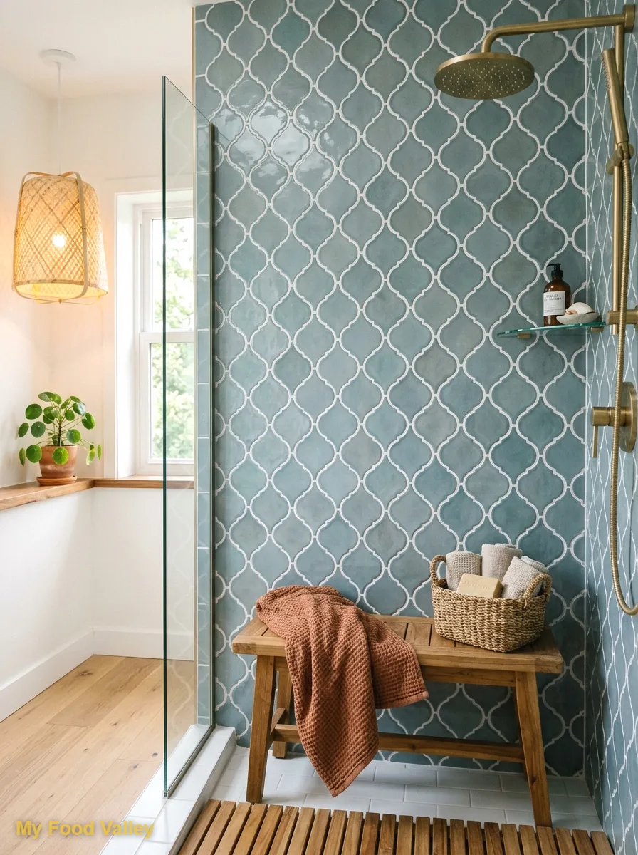 dusty blue arabesque tiles for a coastal boho mood