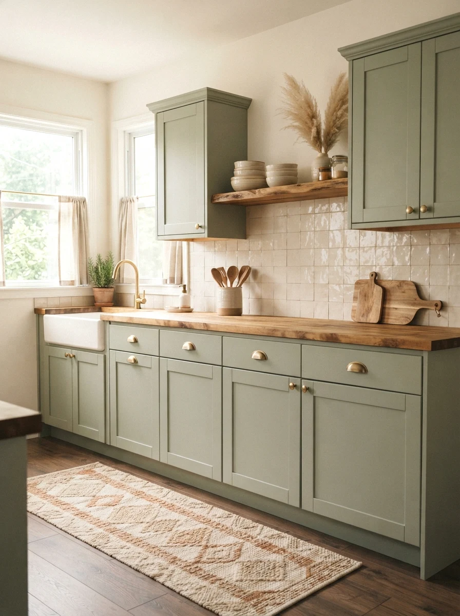 earthy sage green cabinets