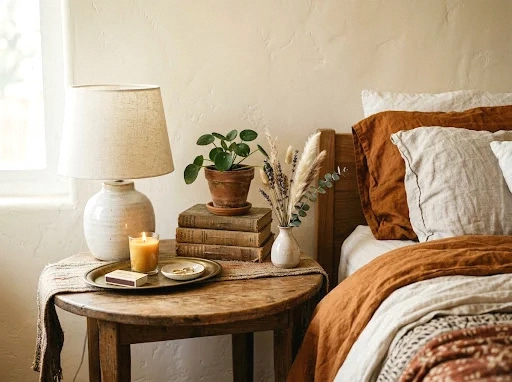 eclectic bedside table vignettes