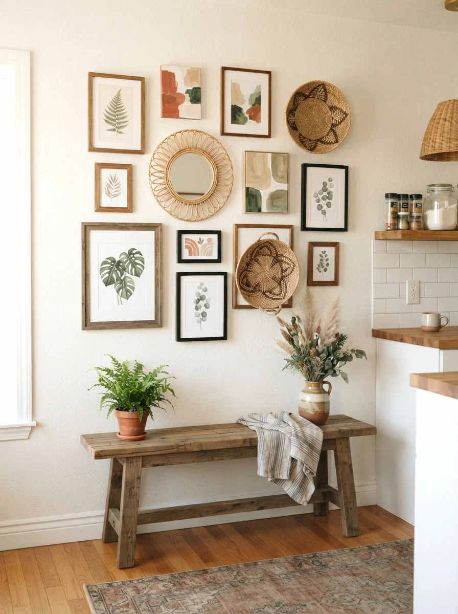 eclectic gallery wall of art and woven baskets