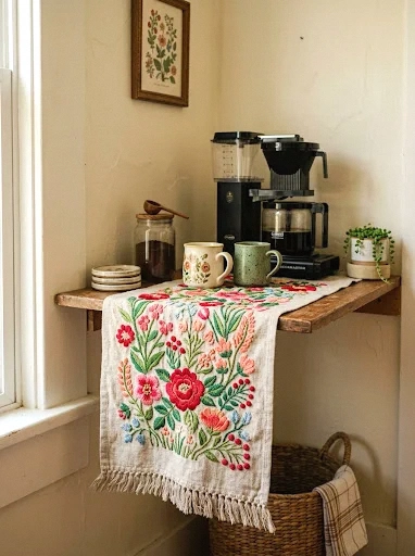 embroidered textile coffee nook