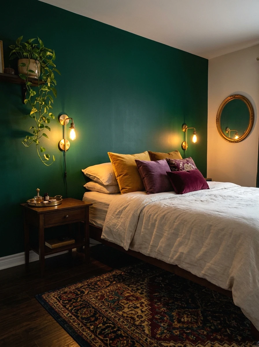 emerald green accent wall with brass details