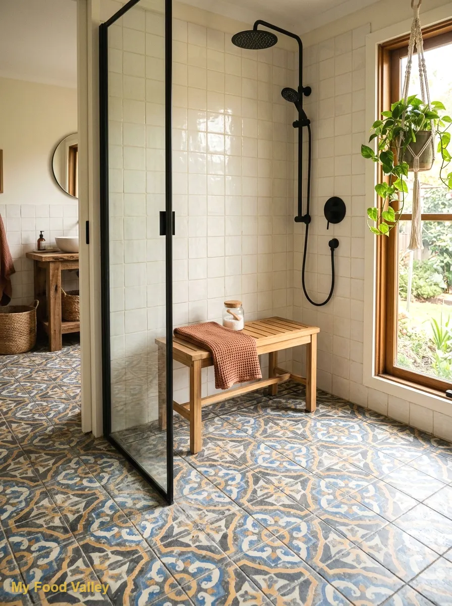 encaustic cement tile shower floor with plain walls