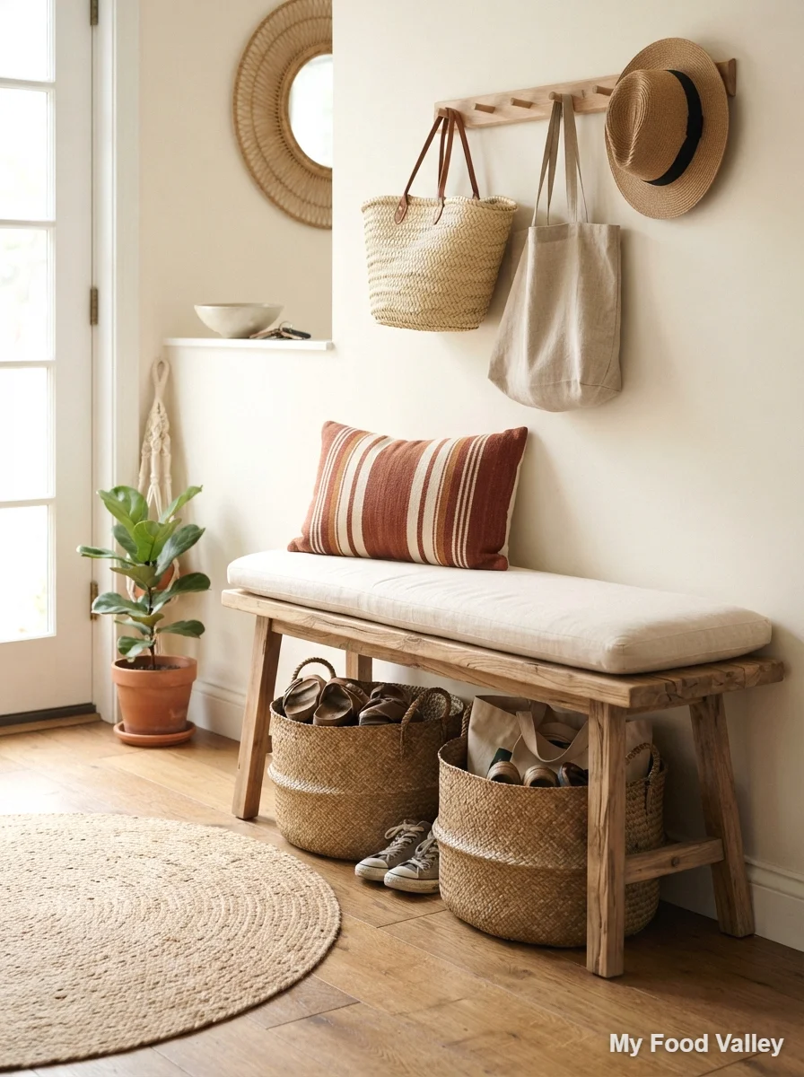entryway bench with cushions and storage baskets