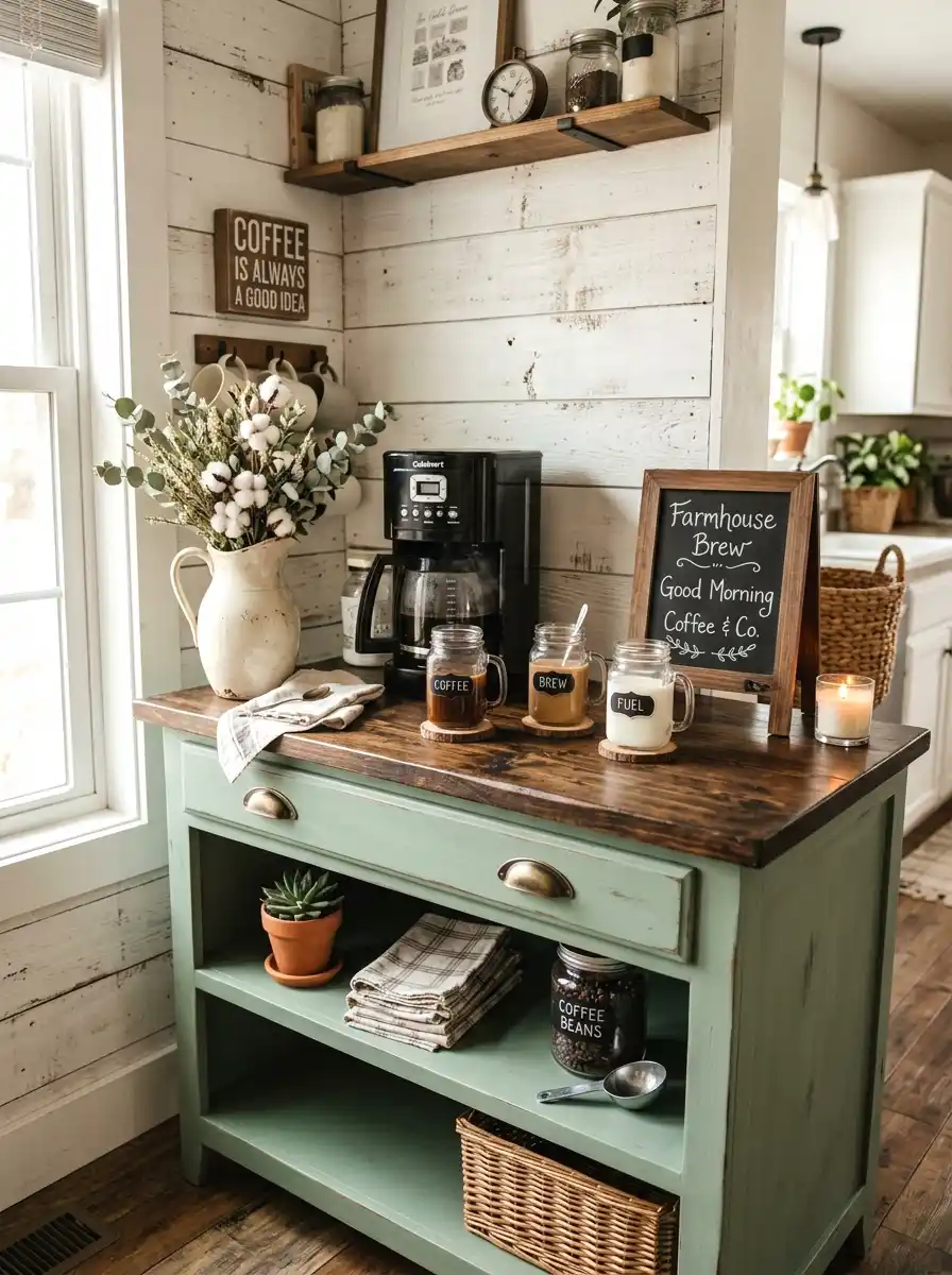 eucalyptus green farmhouse coffee bar