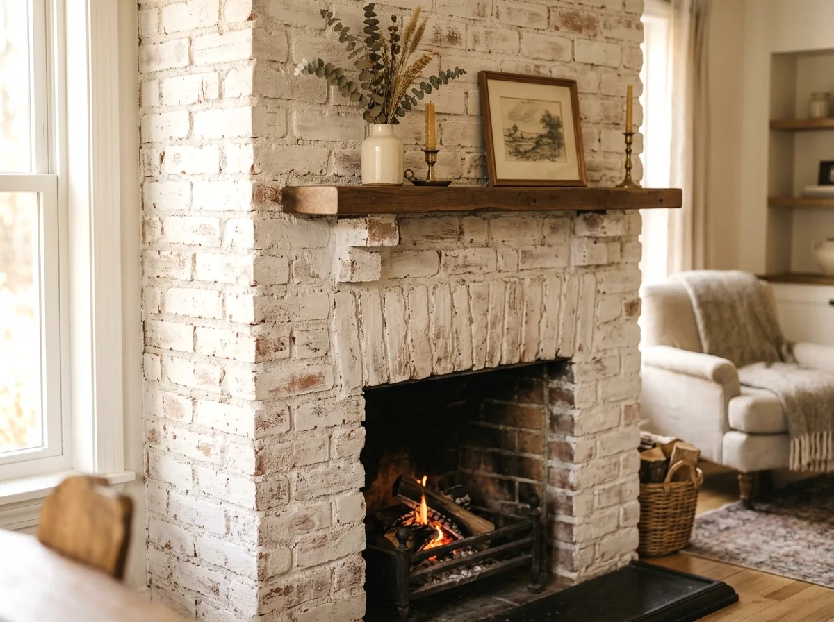 exposed brick painted in warm whitewash