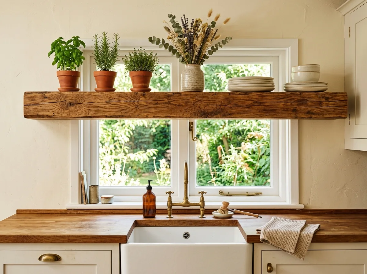 exposed wood beam shelf above the sink