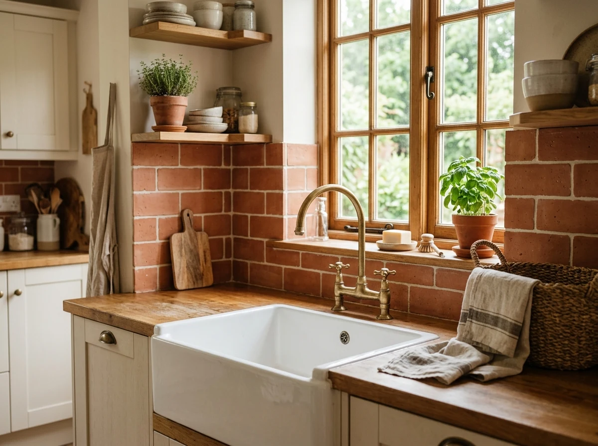 farmhouse apron sink with terracotta tile backsplash
