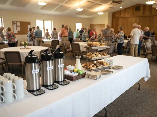 fellowship hall buffet-style coffee station