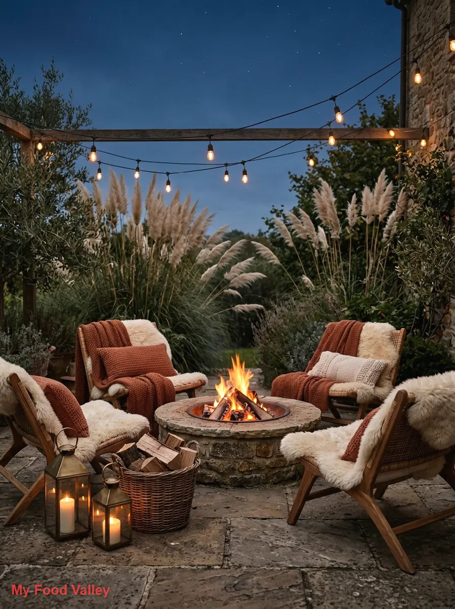 fire pit lounge with sheepskin throws