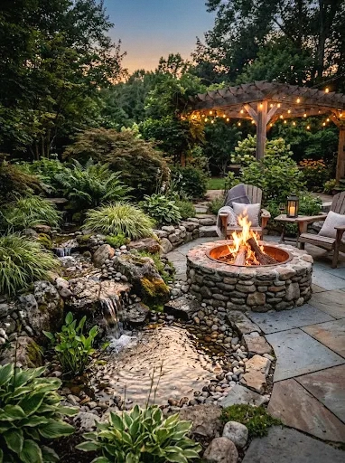 fire pit paired with a nearby water feature