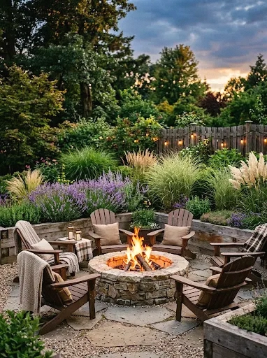fire pit surrounded by raised garden beds