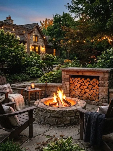 fire pit with built-in wood storage