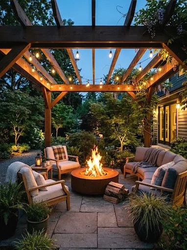 fire pit with overhead pergola or shade structure