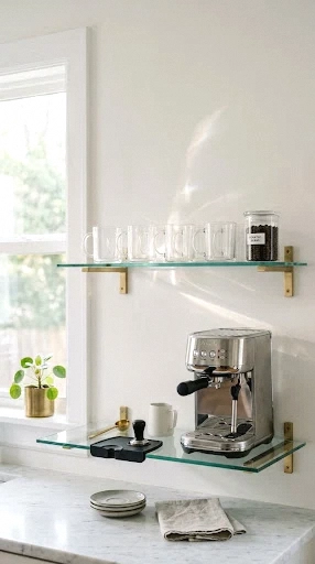 floating glass shelf coffee station