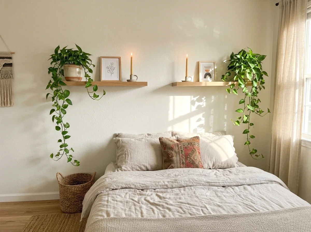 floating shelf and trailing plant headboard