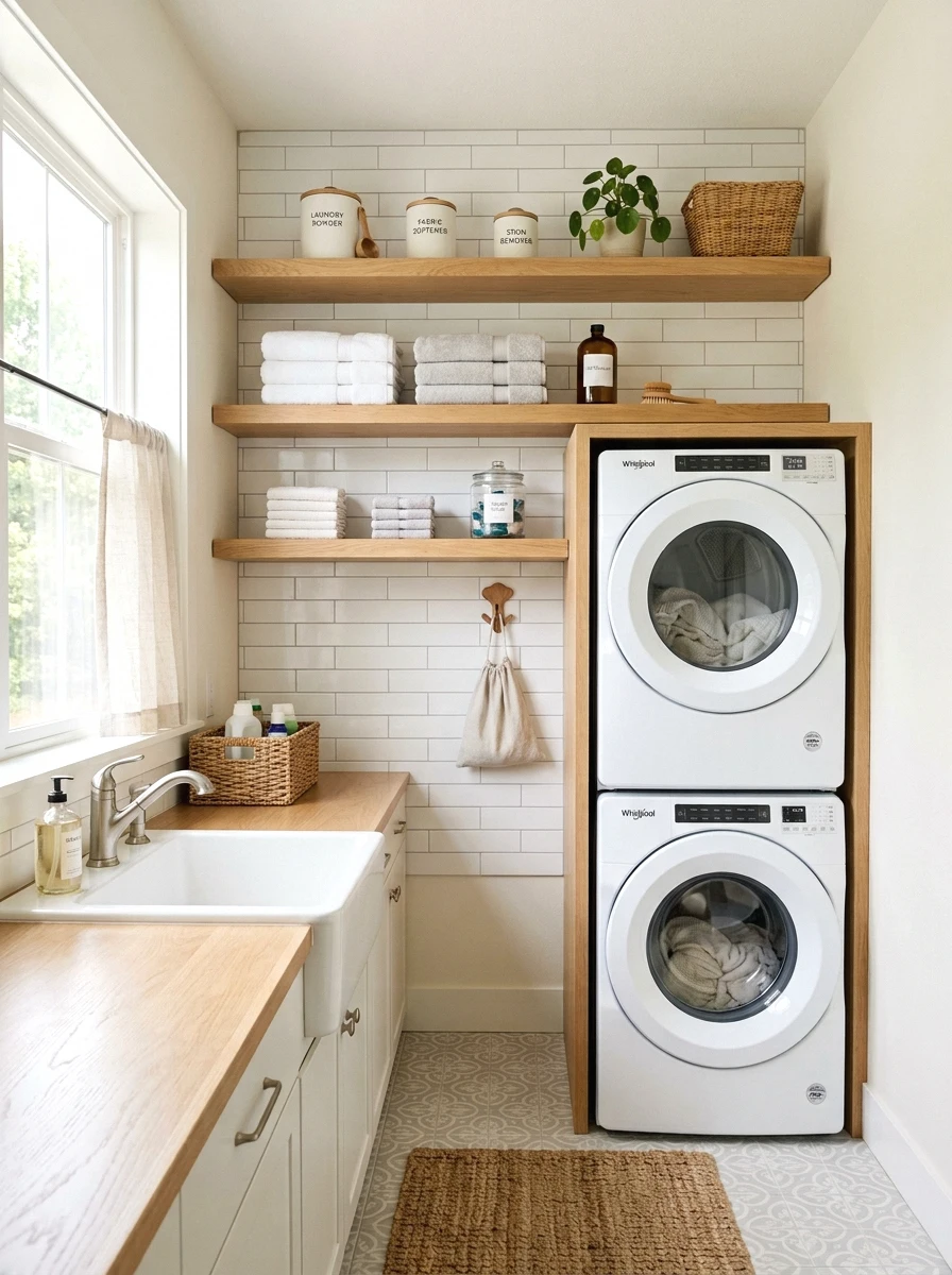 floating shelves above the washer and dryer