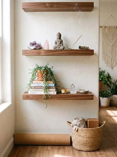 floating shelves for crystals, incense, and books