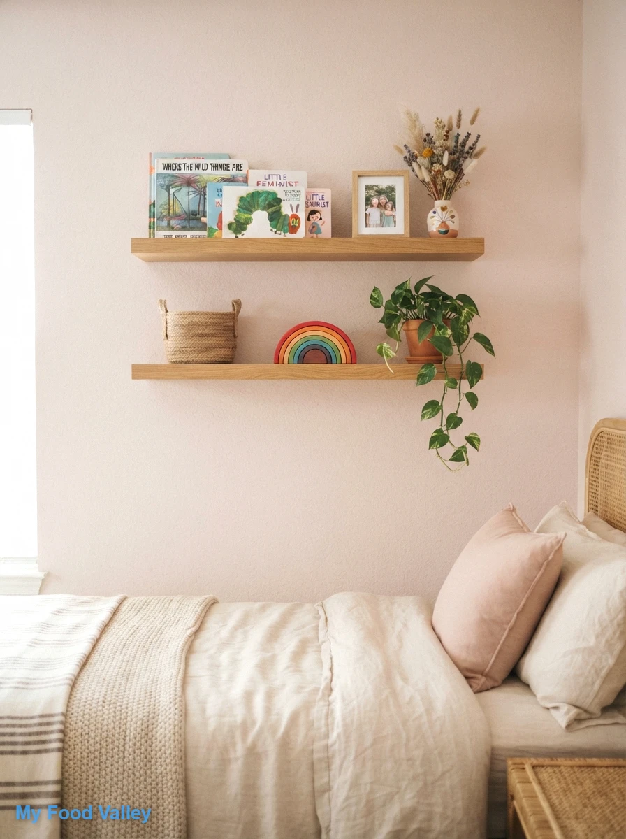 floating shelves that show off her treasures