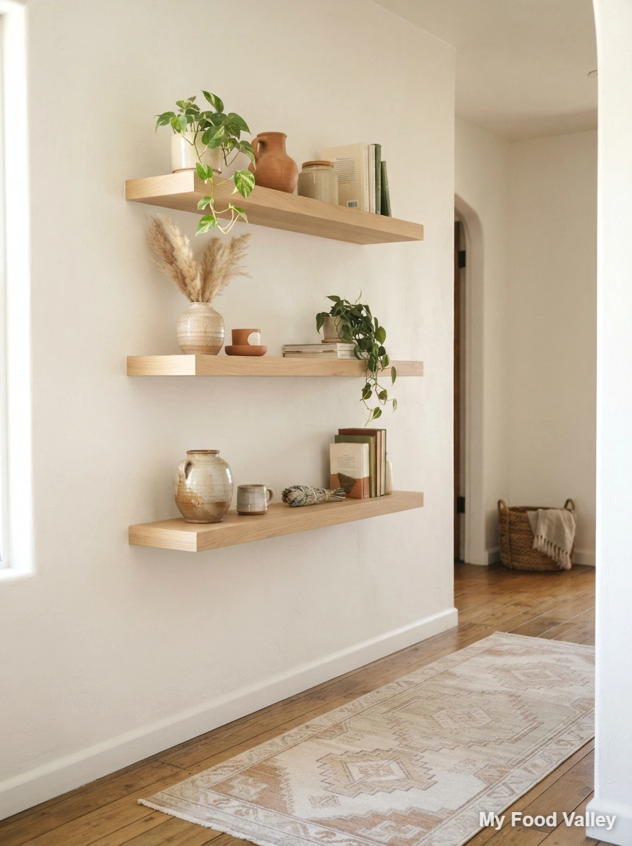 floating shelves with ceramics and books