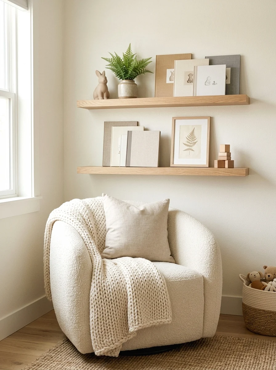 floating shelves with neutral books and keepsakes