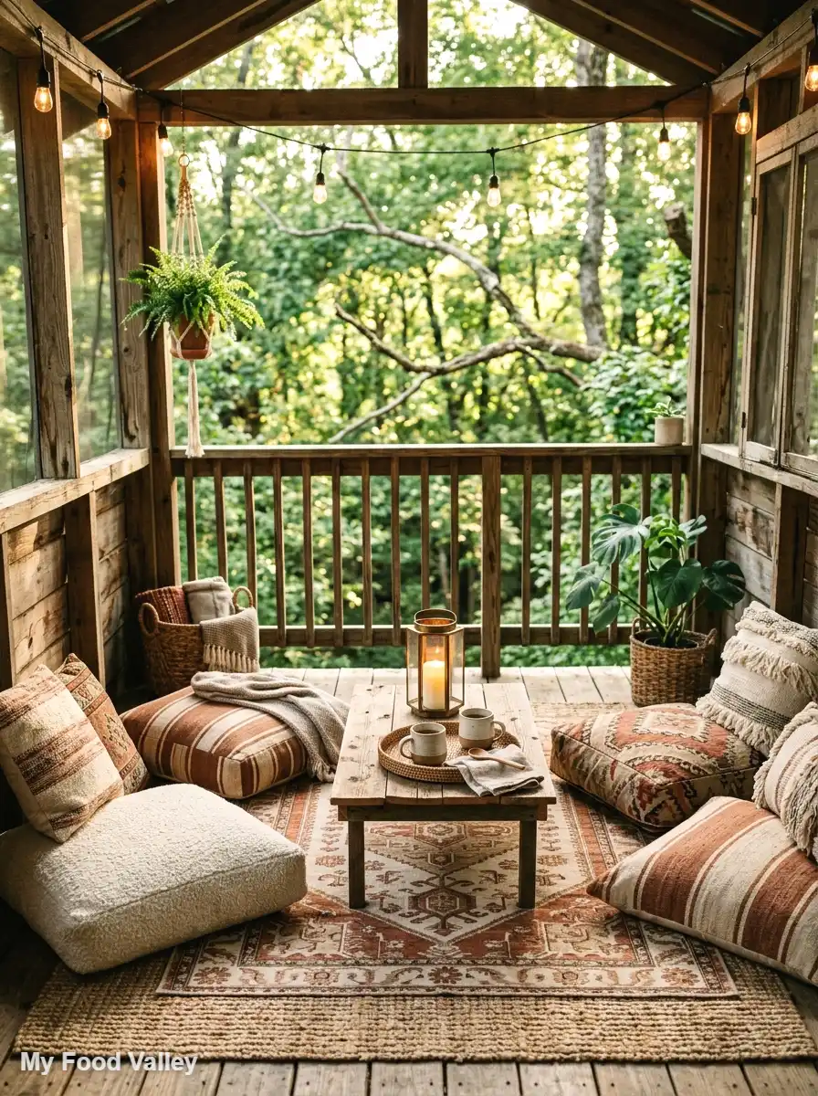 floor cushion lounge with layered rugs
