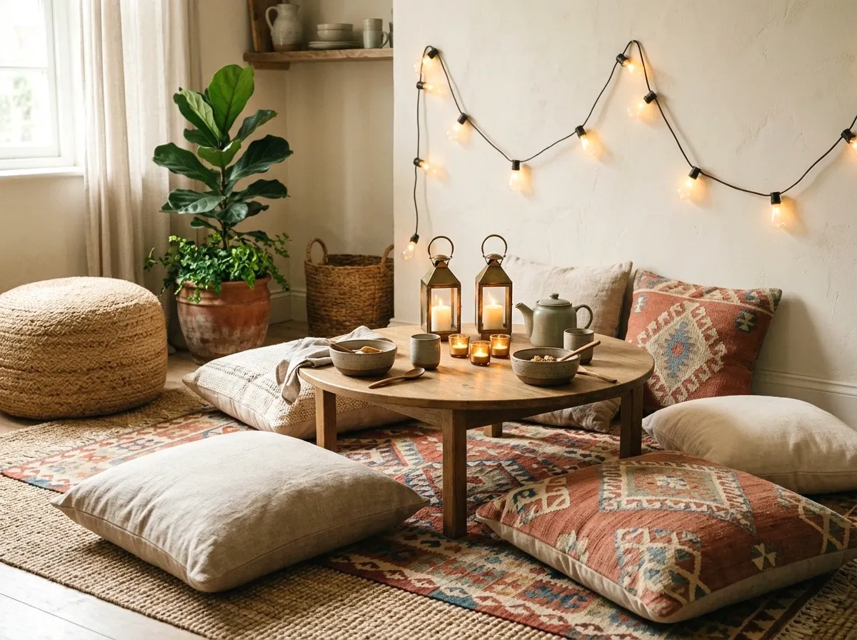 floor cushions and a low table for relaxed dining