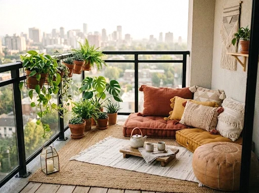 floor cushions and a pouf on a layered jute rug