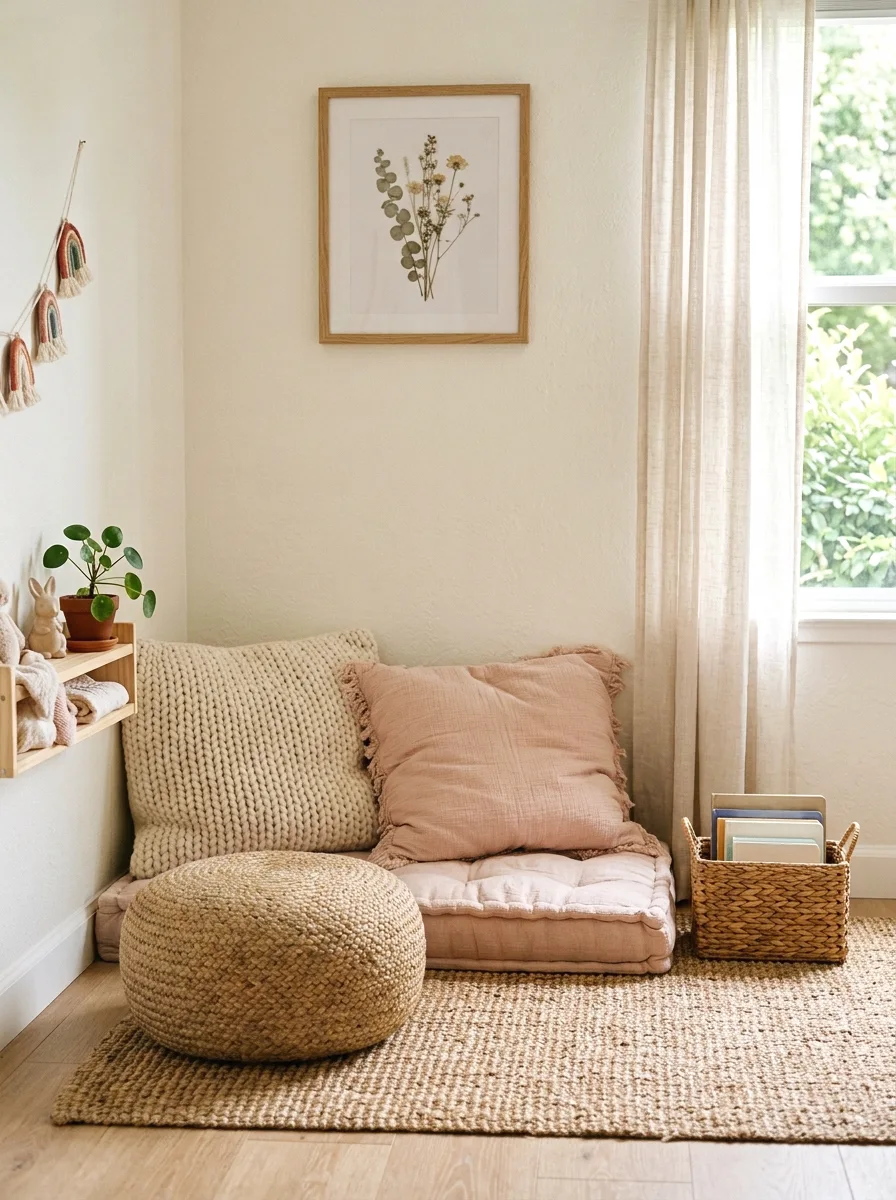 floor cushions and poufs for a reading corner