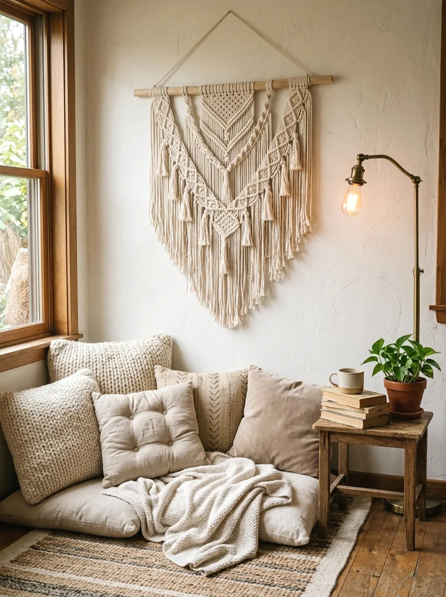 floor pillow reading corner with macrame wall hanging