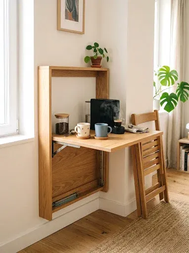 fold-out wall desk as coffee bar