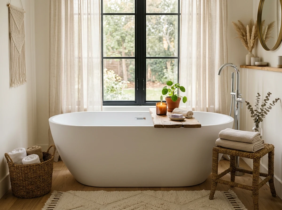 freestanding tub with boho styling