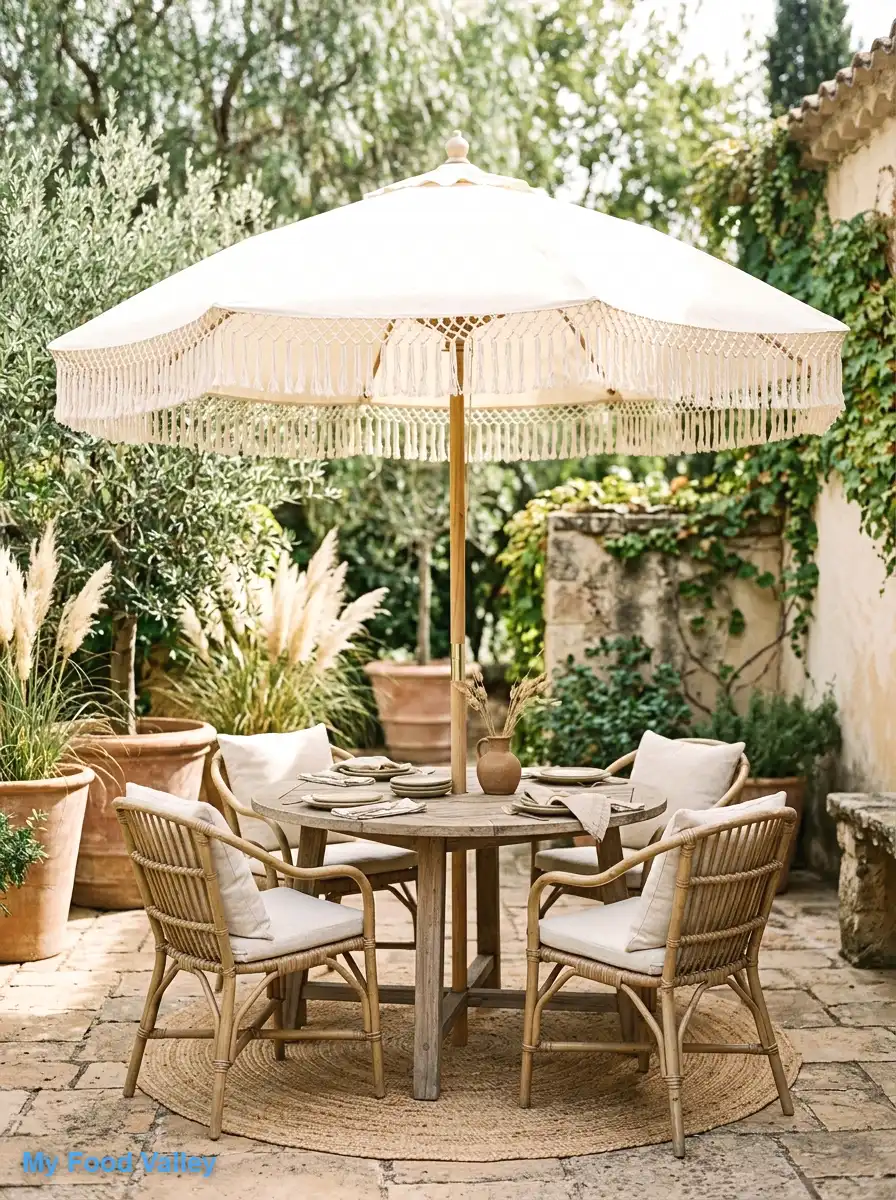 fringe-trimmed cream umbrella for effortless charm