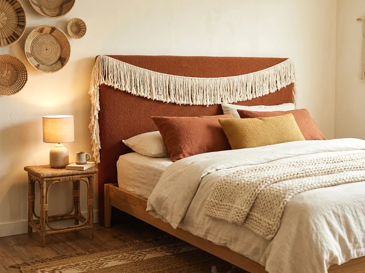 fringe-trimmed fabric headboard