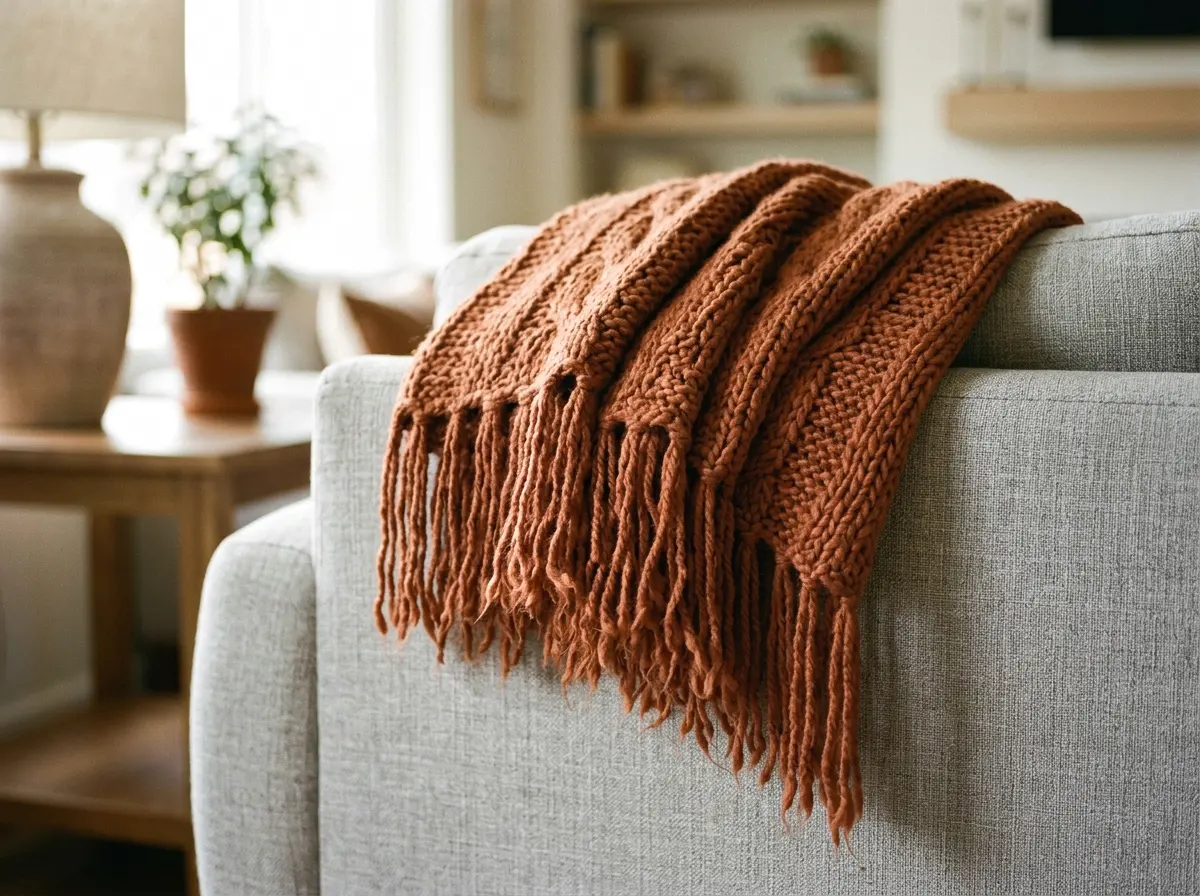 fringe-trimmed throw blanket draped over the arm