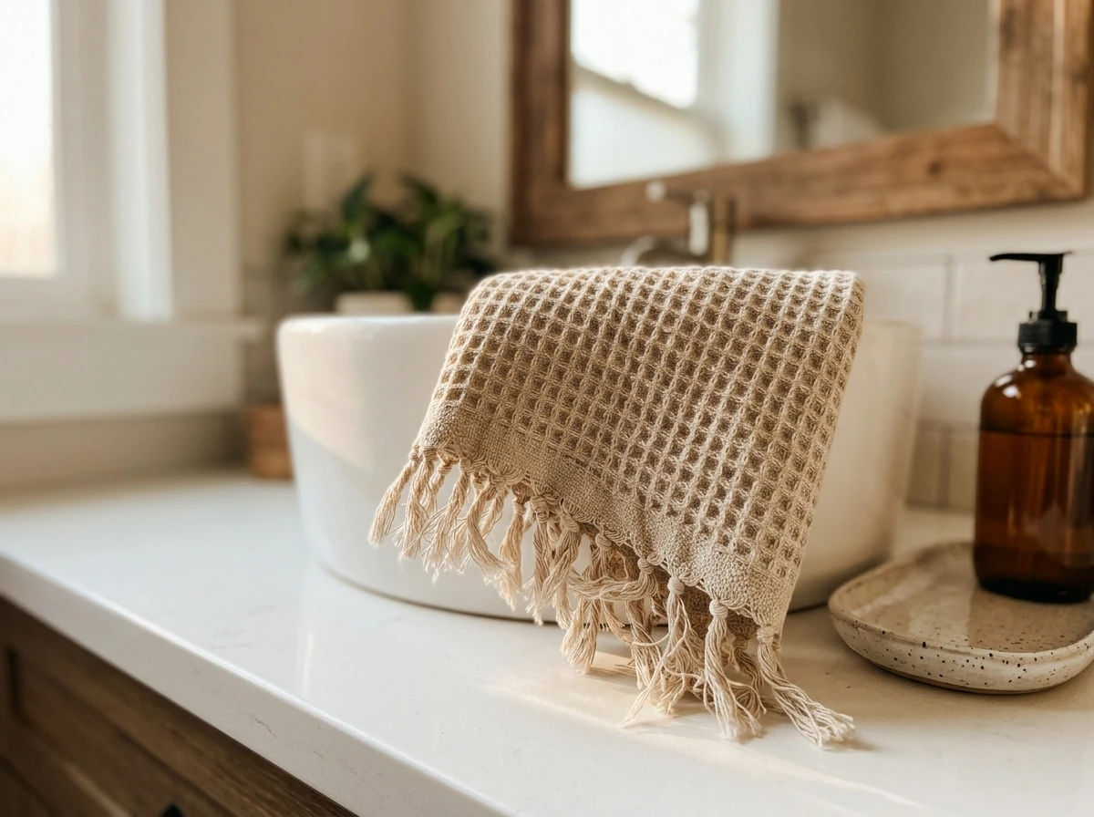 fringed hand towel draped over the sink edge