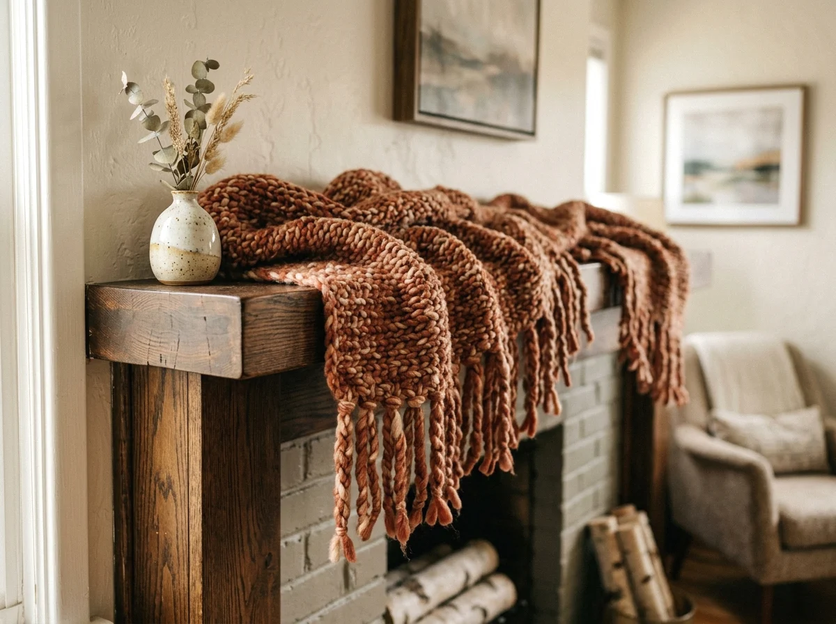 fringed throw draped over the mantel edge