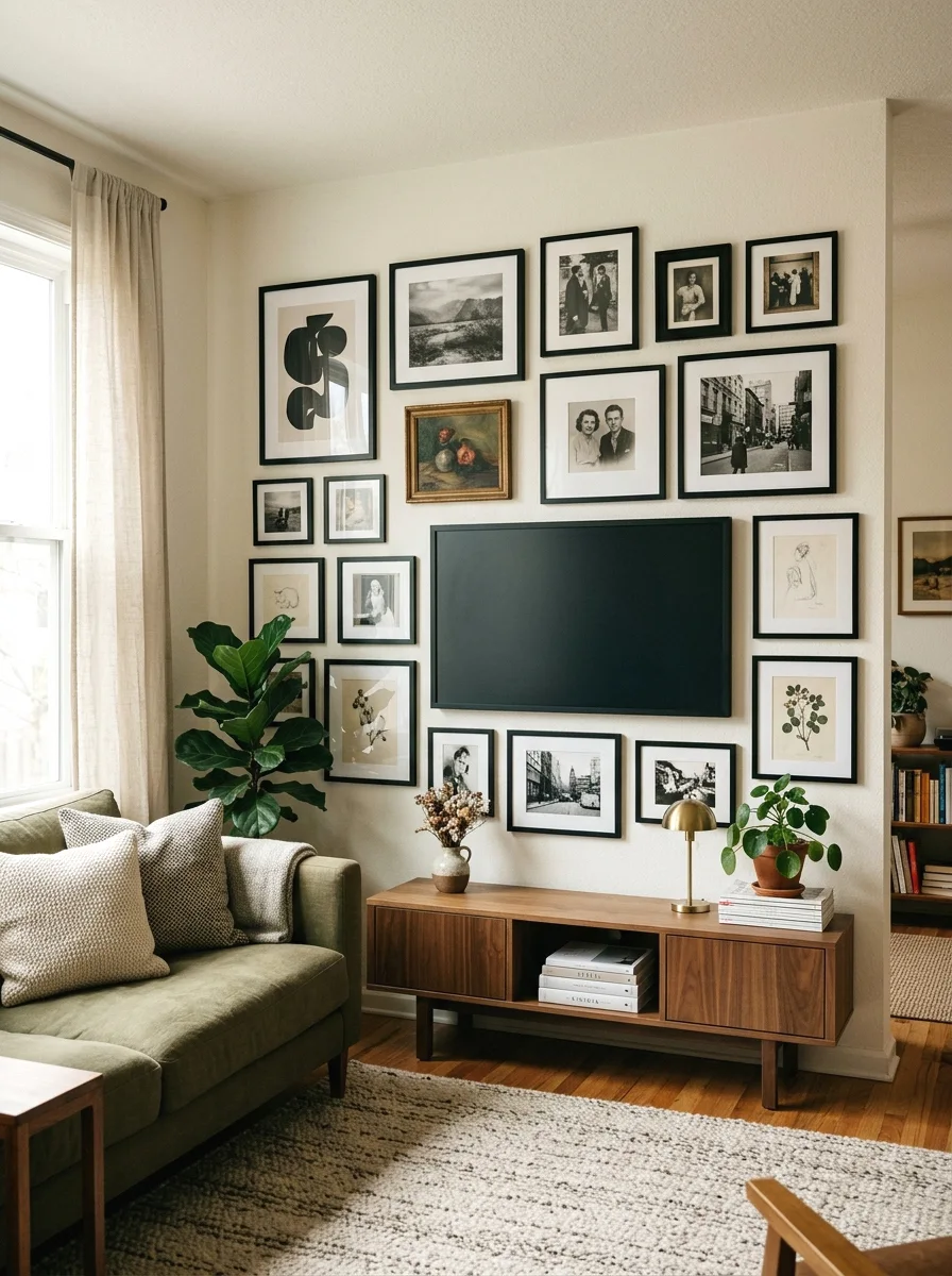 gallery wall integrated around the tv