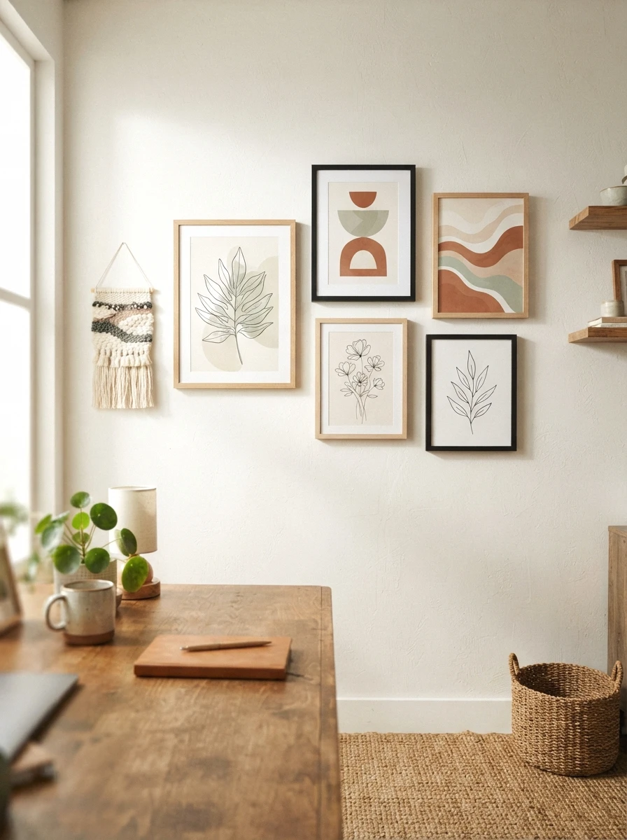 gallery wall of boho art prints