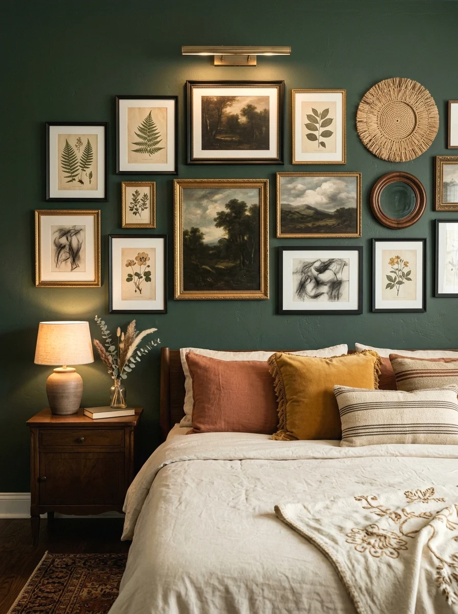 gallery wall of vintage art in dark frames