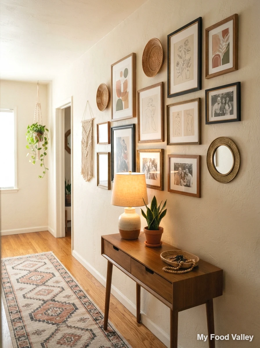 gallery wall of warm prints and woven pieces